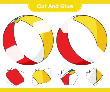 Kes ve yapıştır, Beach Ball 'un parçalarını kes ve yapıştır. Eğitimsel çocuk oyunu, yazdırılabilir çalışma tablosu, vektör illüstrasyonu