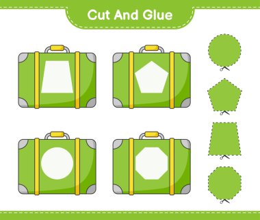 Kes ve yapıştır, bavulun parçalarını kes ve yapıştır. Eğitimsel çocuk oyunu, yazdırılabilir çalışma tablosu, vektör illüstrasyonu