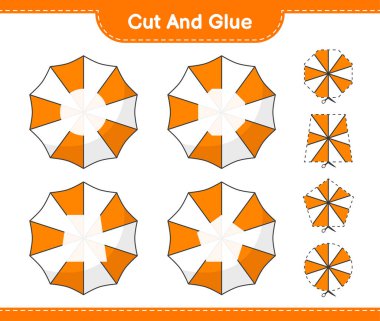 Kes ve yapıştır, Plaj Şemsiyesi 'nin parçalarını kes ve yapıştır. Eğitimsel çocuk oyunu, yazdırılabilir çalışma tablosu, vektör illüstrasyonu