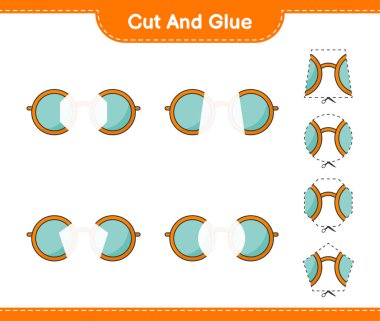 Kes ve yapıştır, güneş gözlüğünün parçalarını kes ve yapıştır. Eğitimsel çocuk oyunu, yazdırılabilir çalışma tablosu, vektör illüstrasyonu