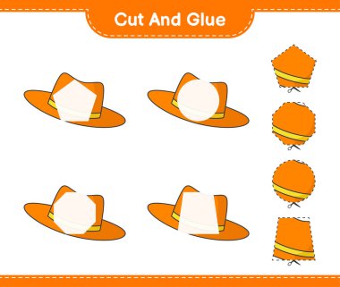 Kes ve yapıştır, Summer Hat 'in parçalarını kes ve yapıştır. Eğitimsel çocuk oyunu, yazdırılabilir çalışma tablosu, vektör illüstrasyonu