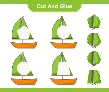 Kes ve yapıştır, yelkenlinin parçalarını kes ve yapıştır. Eğitimsel çocuk oyunu, yazdırılabilir çalışma tablosu, vektör illüstrasyonu
