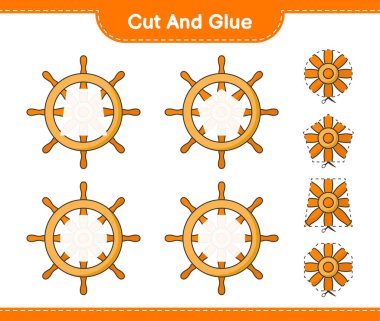 Kes ve yapıştır, Gemi Direksiyonunun parçalarını kes ve yapıştır. Eğitimsel çocuk oyunu, yazdırılabilir çalışma tablosu, vektör illüstrasyonu