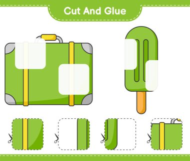 Kes ve yapıştır, bavulu kes, dondurmayı kes ve yapıştır. Eğitimsel çocuk oyunu, yazdırılabilir çalışma tablosu, vektör illüstrasyonu