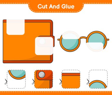 Kes ve yapıştır, Cüzdan 'ın parçalarını kes, güneş gözlüğü tak ve yapıştır. Eğitimsel çocuk oyunu, yazdırılabilir çalışma tablosu, vektör illüstrasyonu