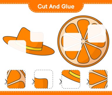 Kes ve yapıştır, Orange 'ın parçalarını kes, Summer Hat yap ve yapıştır. Eğitimsel çocuk oyunu, yazdırılabilir çalışma tablosu, vektör illüstrasyonu
