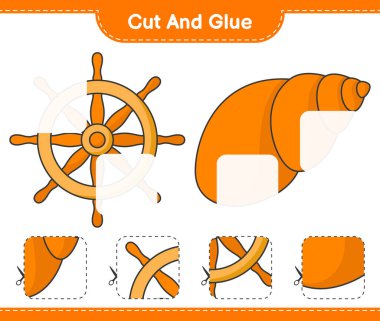 Kes ve yapıştır, Gemi Direksiyonunun parçalarını kes, Deniz kabuklarını yapıştır ve yapıştır. Eğitimsel çocuk oyunu, yazdırılabilir çalışma tablosu, vektör illüstrasyonu