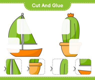 Kes ve yapıştır, Kaktüs 'ün parçalarını kes, yelkenli ve onları yapıştır. Eğitimsel çocuk oyunu, yazdırılabilir çalışma tablosu, vektör illüstrasyonu