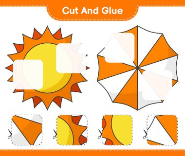 Kes ve yapıştır, Sun 'ın parçalarını kes, Beach Şemsiyesi ve onları yapıştır. Eğitimsel çocuk oyunu, yazdırılabilir çalışma tablosu, vektör illüstrasyonu