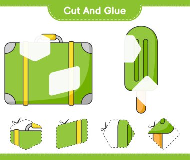 Kes ve yapıştır, bavulu kes, dondurmayı kes ve yapıştır. Eğitimsel çocuk oyunu, yazdırılabilir çalışma tablosu, vektör illüstrasyonu