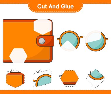 Kes ve yapıştır, Cüzdan 'ın parçalarını kes, güneş gözlüğü tak ve yapıştır. Eğitimsel çocuk oyunu, yazdırılabilir çalışma tablosu, vektör illüstrasyonu