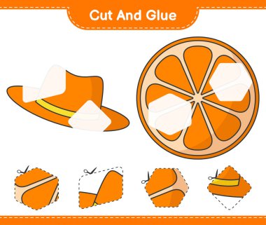 Kes ve yapıştır, Orange 'ın parçalarını kes, Summer Hat yap ve yapıştır. Eğitimsel çocuk oyunu, yazdırılabilir çalışma tablosu, vektör illüstrasyonu