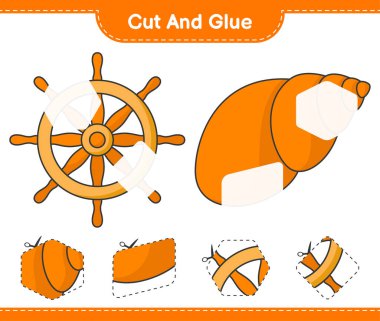 Kes ve yapıştır, Gemi Direksiyonunun parçalarını kes, Deniz kabuklarını yapıştır ve yapıştır. Eğitimsel çocuk oyunu, yazdırılabilir çalışma tablosu, vektör illüstrasyonu