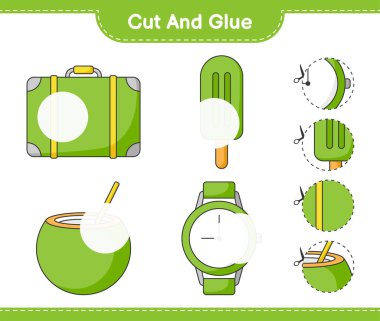 Kes ve yapıştır, bavul, dondurma, hindistan cevizi, saat ve yapıştırıcı. Eğitimsel çocuk oyunu, yazdırılabilir çalışma tablosu, vektör illüstrasyonu