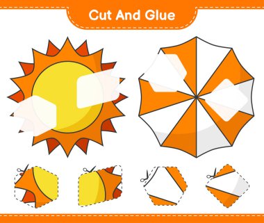 Kes ve yapıştır, Sun 'ın parçalarını kes, Beach Şemsiyesi ve onları yapıştır. Eğitimsel çocuk oyunu, yazdırılabilir çalışma tablosu, vektör illüstrasyonu