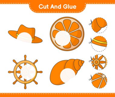 Kes ve yapıştır, Şapka, Turuncu, Gemi Direksiyonu, Deniz kabukları ve yapıştırın. Eğitimsel çocuk oyunu, yazdırılabilir çalışma tablosu, vektör illüstrasyonu