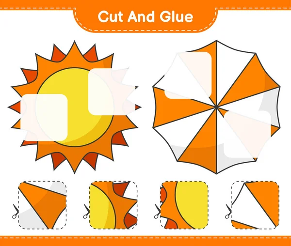 Kes ve yapıştır, Sun 'ın parçalarını kes, Beach Şemsiyesi ve onları yapıştır. Eğitimsel çocuk oyunu, yazdırılabilir çalışma tablosu, vektör illüstrasyonu