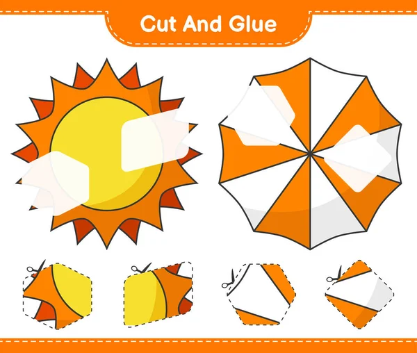 Kes ve yapıştır, Sun 'ın parçalarını kes, Beach Şemsiyesi ve onları yapıştır. Eğitimsel çocuk oyunu, yazdırılabilir çalışma tablosu, vektör illüstrasyonu