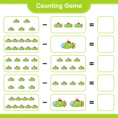 Say ve eşleştir, denizaltının sayısını say ve doğru rakamlarla eşleştir. Eğitimsel çocuk oyunu, yazdırılabilir çalışma tablosu, vektör illüstrasyonu