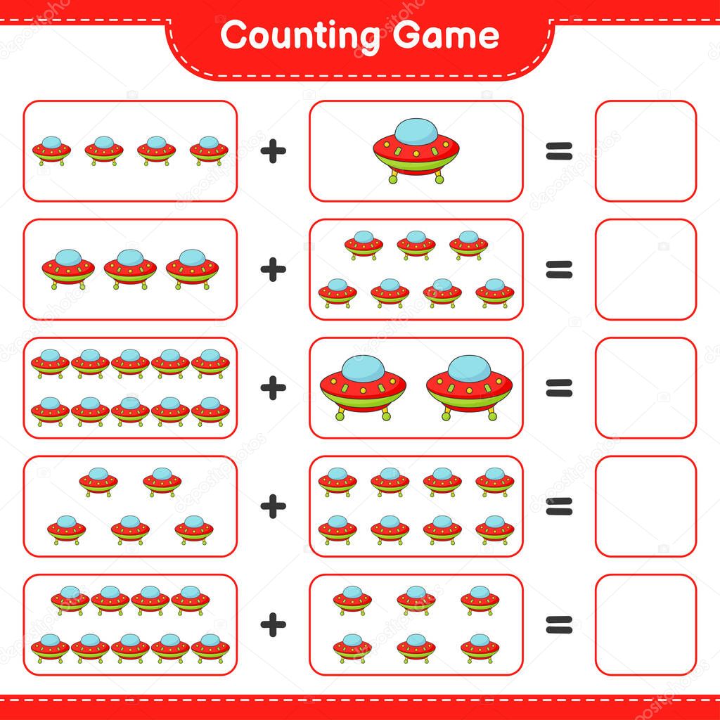 Count and match, count the number of Ufo and match with the right numbers. Educational children game, printable worksheet, vector illustration