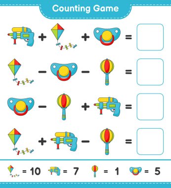 Say ve eşleştir, Kite, Water Gun, Baby Rattle, Emzik ve doğru numaralarla eşleştir. Eğitimsel çocuk oyunu, yazdırılabilir çalışma tablosu, vektör illüstrasyonu