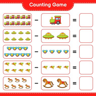 Say ve eşleştir, tren, Ufo, emzik, su tabancası, sallanan at sayısını say ve doğru rakamlarla eşleştir. Eğitimsel çocuk oyunu, yazdırılabilir çalışma tablosu, vektör illüstrasyonu