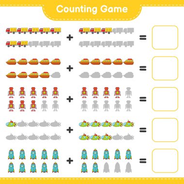 Say ve eşleştir. Robot Karakteri, Denizaltı, Roket, Lorry, Tekne ve doğru rakamlarla eşleşen robot sayısını say. Eğitimsel çocuk oyunu, yazdırılabilir çalışma tablosu, vektör illüstrasyonu