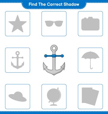 Find the correct shadow. Find and match the correct shadow of Anchor. Educational children game, printable worksheet, vector illustration