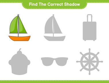 Find the correct shadow. Find and match the correct shadow of Sailboat. Educational children game, printable worksheet, vector illustration