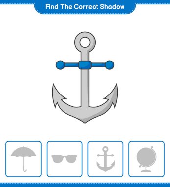 Find the correct shadow. Find and match the correct shadow of Anchor. Educational children game, printable worksheet, vector illustration