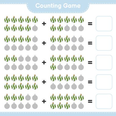 Counting game, count the number of Christmas Ball and write the result. Educational children game, printable worksheet, vector illustration