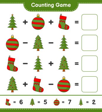 Counting game, count the number of Christmas Tree, Christmas Ball, Christmas Sock and write the result. Educational children game, printable worksheet, vector illustration