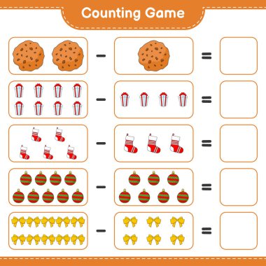 Counting game, count the number of Gift Box, Sock, Christmas Ball, Ribbon, Cookies and write the result. Educational children game, printable worksheet, vector illustration