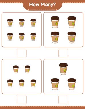 Sayma oyunu, kaç çay fincanı. Eğitimsel çocuk oyunu, yazdırılabilir çalışma tablosu, vektör illüstrasyonu