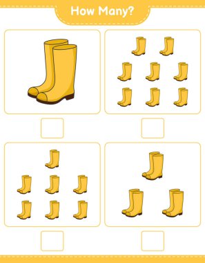 Sayma oyunu, kaç tane Rubber Boots. Eğitimsel çocuk oyunu, yazdırılabilir çalışma tablosu, vektör illüstrasyonu