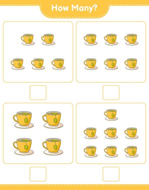 Sayma oyunu, kaç çay fincanı. Eğitimsel çocuk oyunu, yazdırılabilir çalışma tablosu, vektör illüstrasyonu