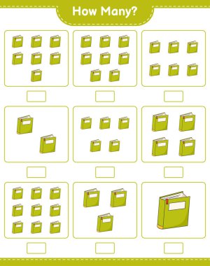 Oyun saymak, kaç kitap. Eğitimsel çocuk oyunu, yazdırılabilir çalışma tablosu, vektör illüstrasyonu