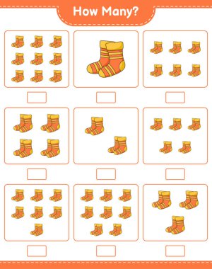 Maç sayısı, kaç çorap. Eğitimsel çocuk oyunu, yazdırılabilir çalışma tablosu, vektör illüstrasyonu