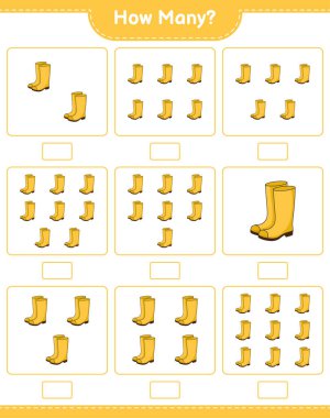 Sayma oyunu, kaç tane Rubber Boots. Eğitimsel çocuk oyunu, yazdırılabilir çalışma tablosu, vektör illüstrasyonu