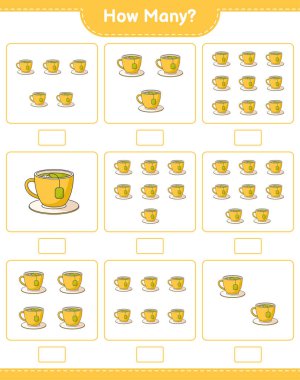 Sayma oyunu, kaç çay fincanı. Eğitimsel çocuk oyunu, yazdırılabilir çalışma tablosu, vektör illüstrasyonu