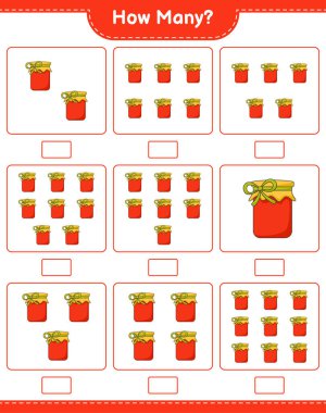 Oyun sayıyorum, kaç tane Jam var. Eğitimsel çocuk oyunu, yazdırılabilir çalışma tablosu, vektör illüstrasyonu