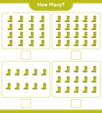 Sayma oyunu, kaç tane Rubber Boots. Eğitimsel çocuk oyunu, yazdırılabilir çalışma tablosu, vektör illüstrasyonu