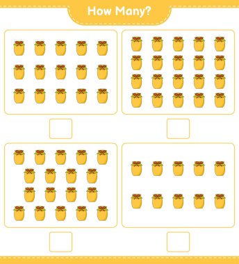 Oyun sayıyorum, kaç tane Jam var. Eğitimsel çocuk oyunu, yazdırılabilir çalışma tablosu, vektör illüstrasyonu