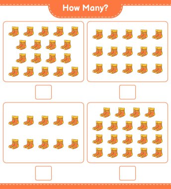 Maç sayısı, kaç çorap. Eğitimsel çocuk oyunu, yazdırılabilir çalışma tablosu, vektör illüstrasyonu