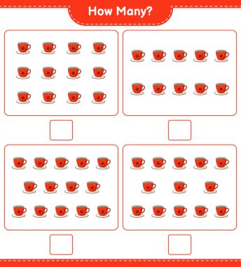 Maç sayısı, kaç kahve kupası. Eğitimsel çocuk oyunu, yazdırılabilir çalışma tablosu, vektör illüstrasyonu