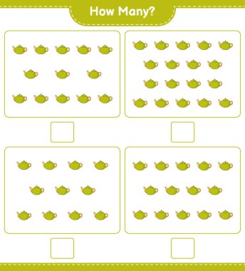 Oyun sayıyorum, kaç demlik. Eğitimsel çocuk oyunu, yazdırılabilir çalışma tablosu, vektör illüstrasyonu