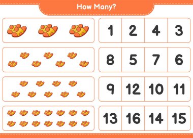 Sayma oyunu, kaç terlik. Eğitimsel çocuk oyunu, yazdırılabilir çalışma tablosu, vektör illüstrasyonu