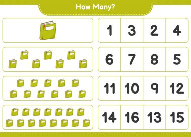 Oyun saymak, kaç kitap. Eğitimsel çocuk oyunu, yazdırılabilir çalışma tablosu, vektör illüstrasyonu