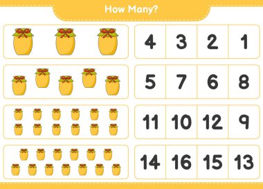 Oyun sayıyorum, kaç tane Jam var. Eğitimsel çocuk oyunu, yazdırılabilir çalışma tablosu, vektör illüstrasyonu