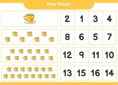 Sayma oyunu, kaç çay fincanı. Eğitimsel çocuk oyunu, yazdırılabilir çalışma tablosu, vektör illüstrasyonu